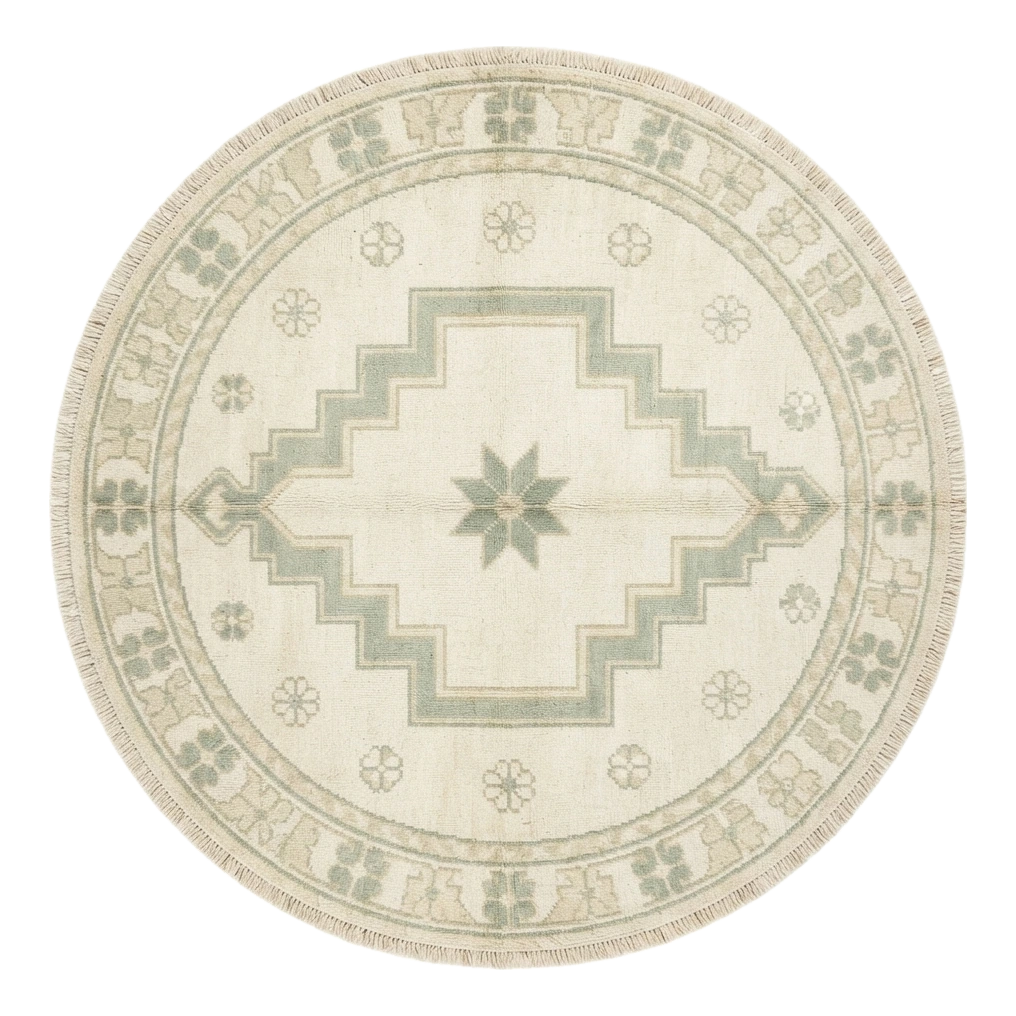 Ivory Round Medallion Hand-Knotted Rug with Sage Star - alternate view