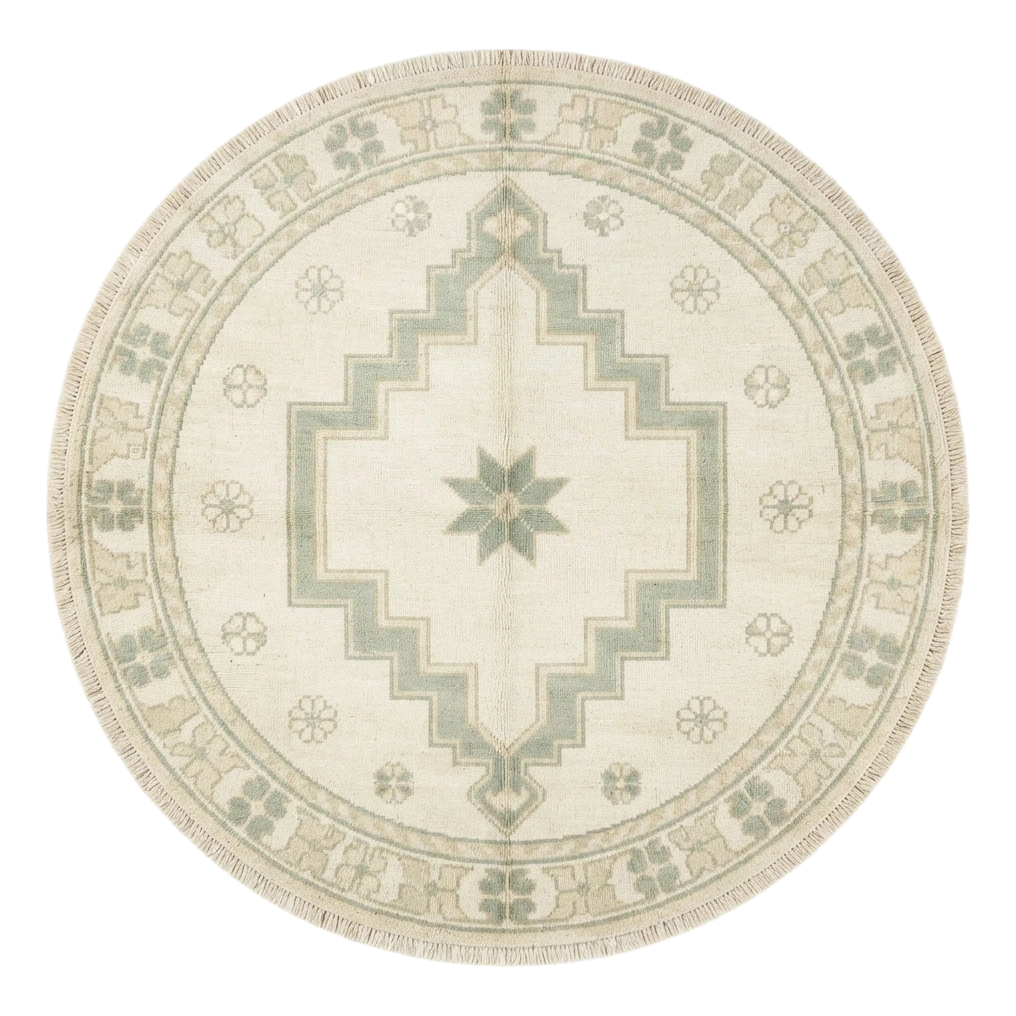 Ivory Round Medallion Hand-Knotted Rug with Sage Star