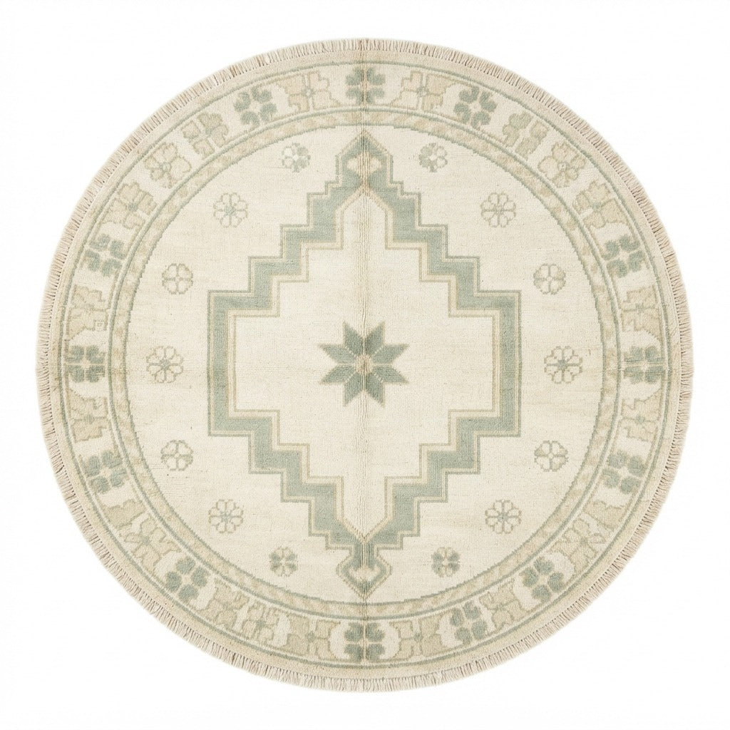 Ivory Round Medallion Hand-Knotted Rug with Sage Star - studio photo