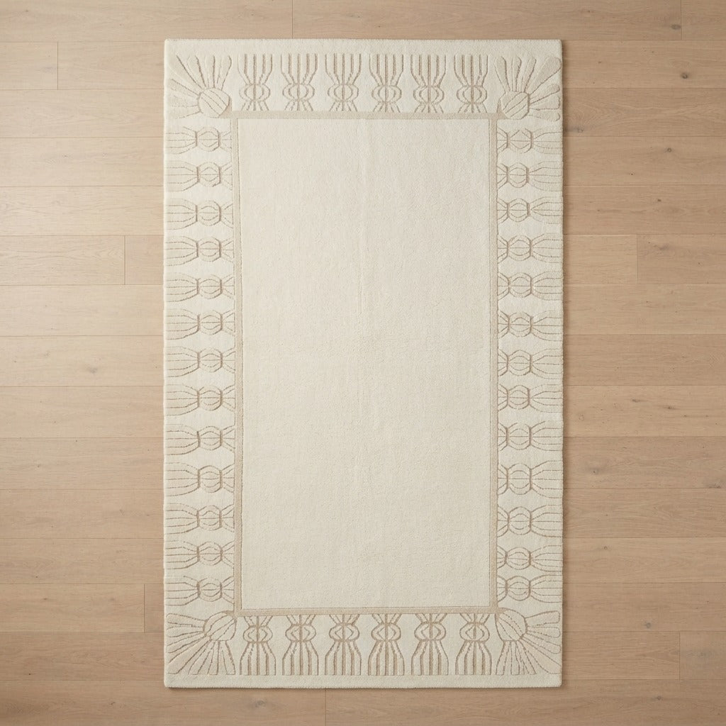 Ivory Tone on Tone Hand-Tufted Rug with Carved Fan Border - studio photo