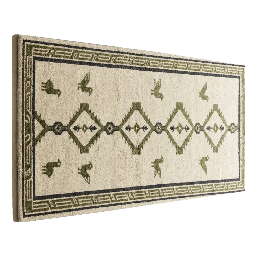 Ivory Tribal Diamond Hand-Tufted Rug with Olive Bird Motifs - alternate view