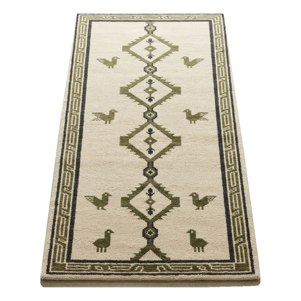 Ivory Tribal Diamond Hand-Tufted Rug with Olive Bird Motifs