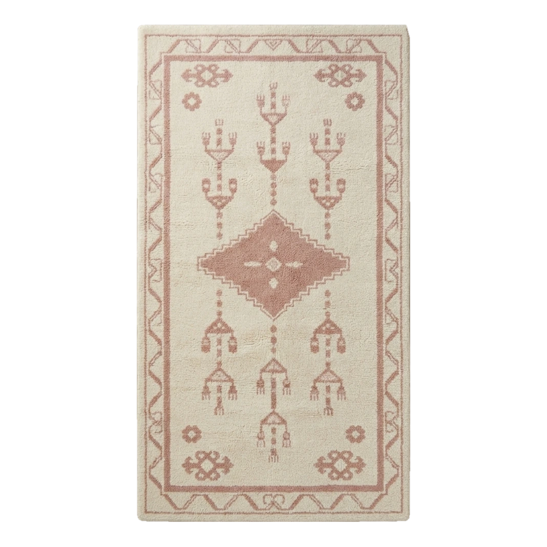 Ivory Tribal Diamond Hand-Tufted Runner with Dusty Rose Motifs