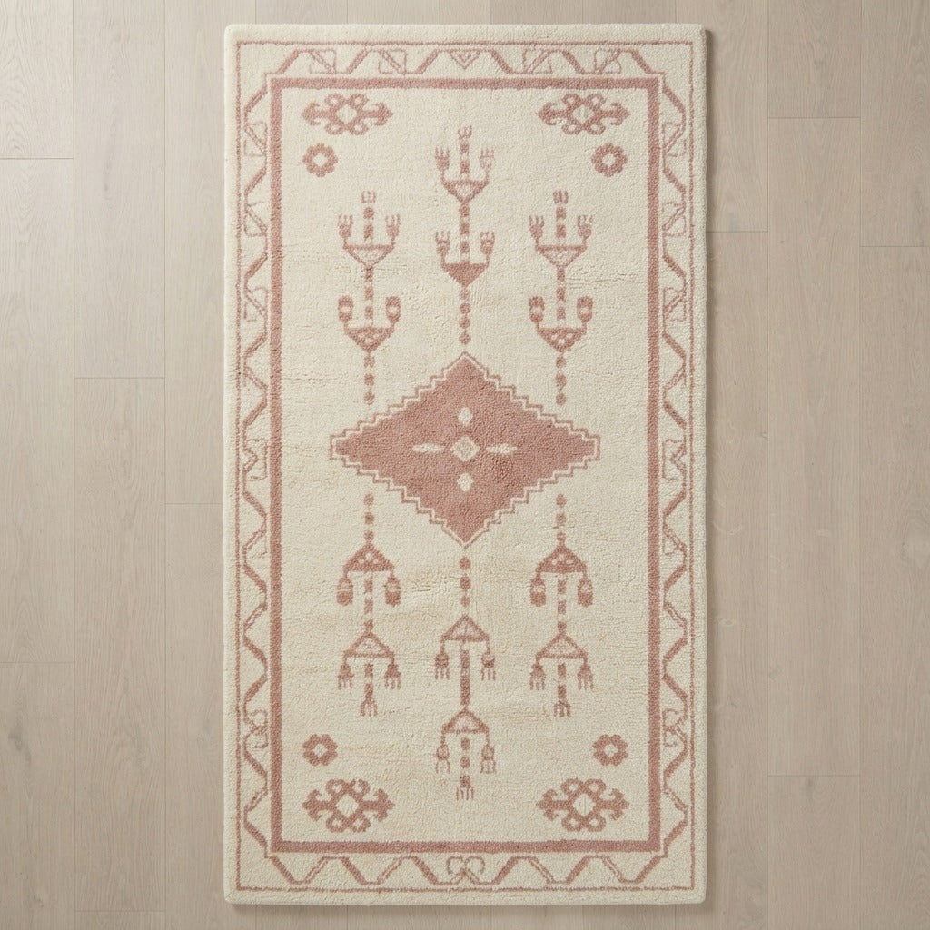 Ivory Tribal Diamond Hand-Tufted Runner with Dusty Rose Motifs - studio photo