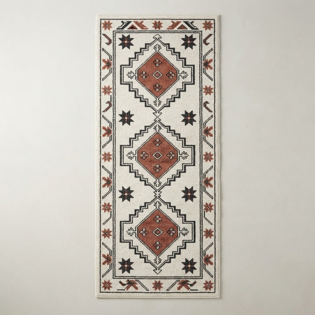 Ivory Tribal Diamond Hand-Tufted Runner with Rust Medallions - studio photo