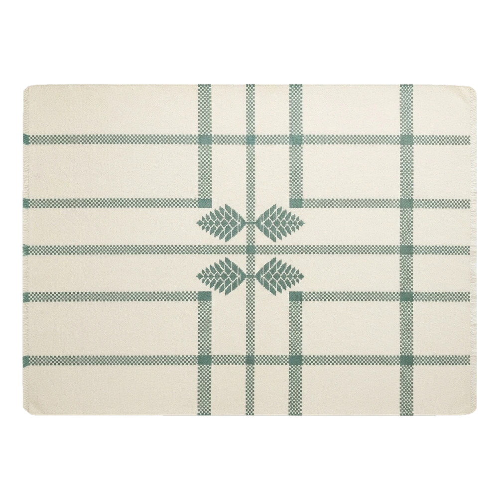 Ivory Windowpane Cotton Flat Weave Rug with Forest Green Pinecone Motif - alternate view