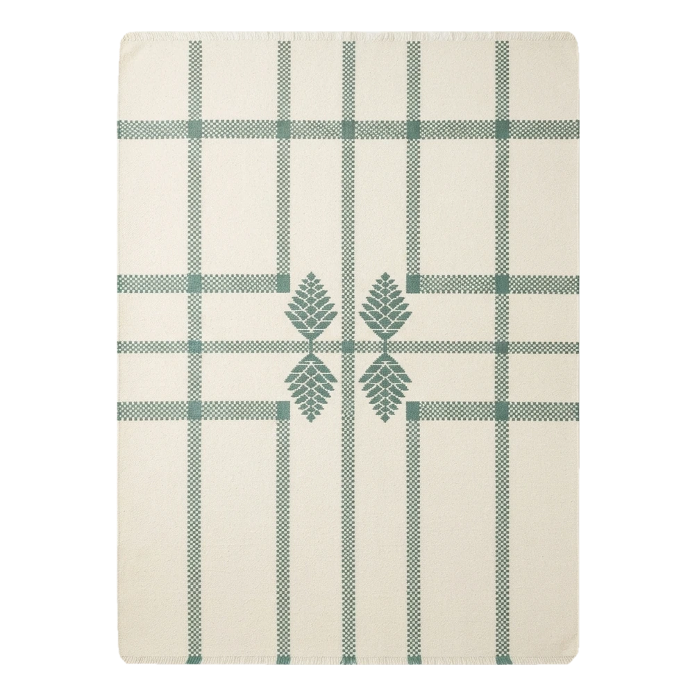 Ivory Windowpane Cotton Flat Weave Rug with Forest Green Pinecone Motif
