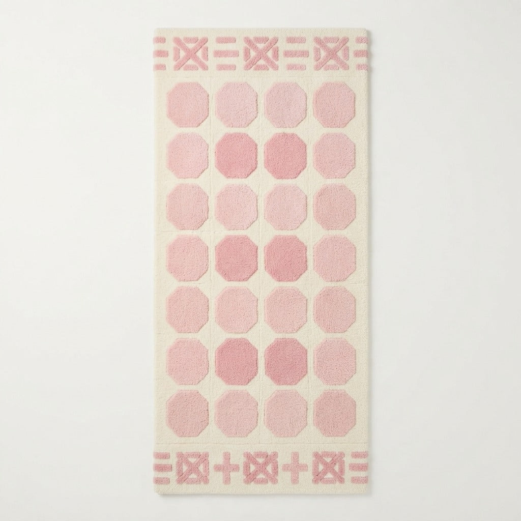 Ivory and Blush Octagon Tile Hand-Tufted Runner with Geometric End Bands - studio photo