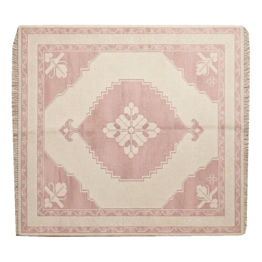 Ivory and Blush Pink Diamond Medallion Hand-Knotted Rug - alternate view