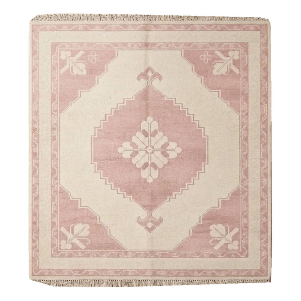 Ivory and Blush Pink Diamond Medallion Hand-Knotted Rug