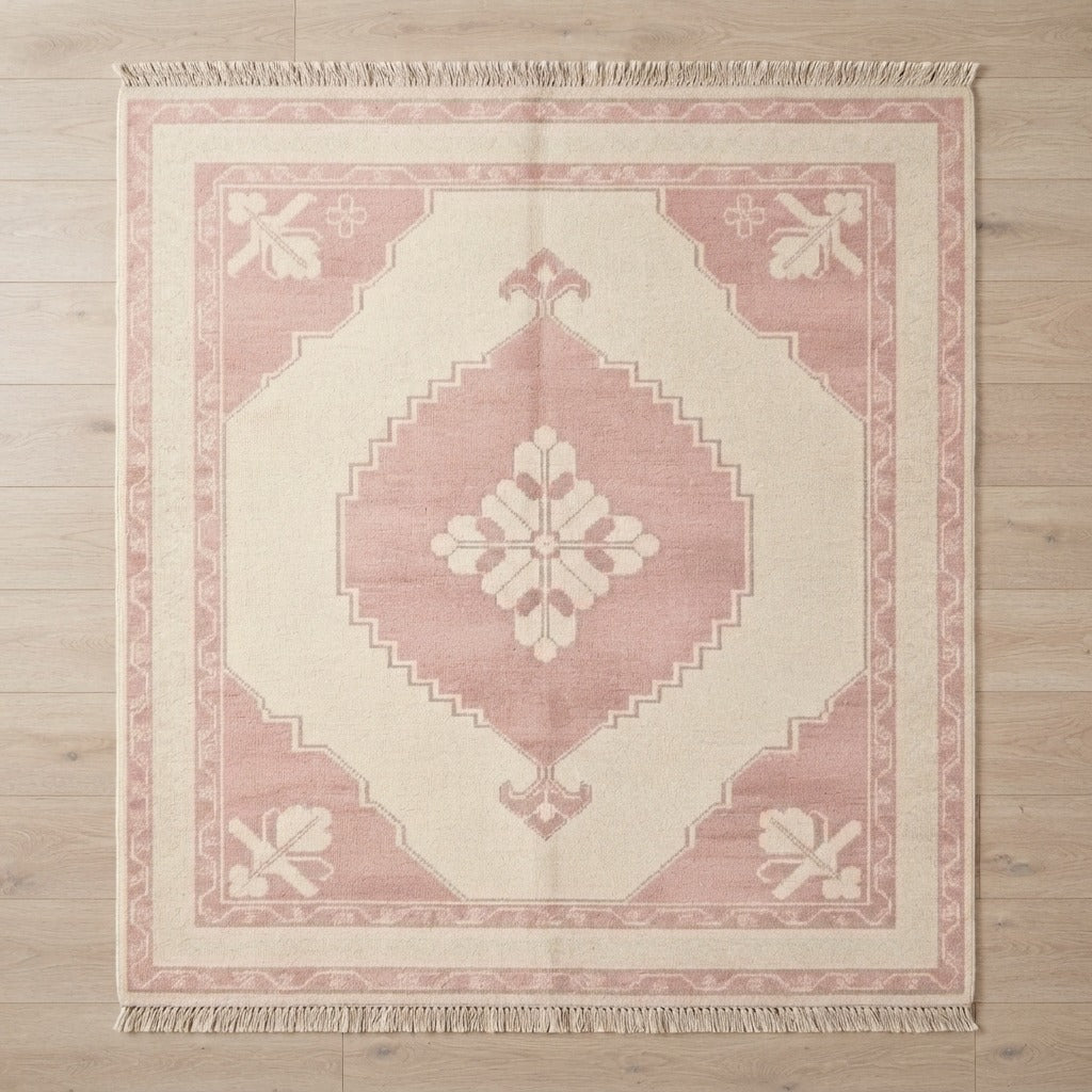 Ivory and Blush Pink Diamond Medallion Hand-Knotted Rug - studio photo