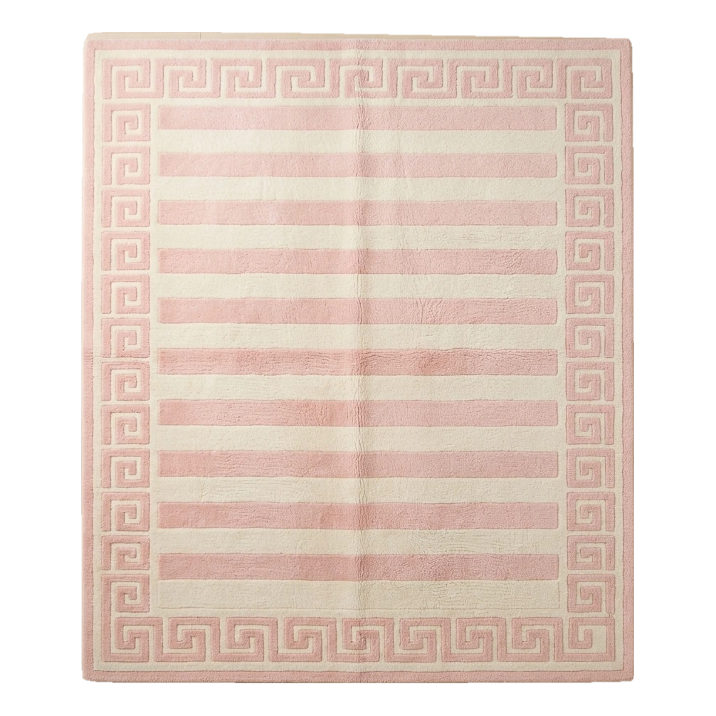 Ivory and Blush Striped Hand-Tufted Rug with Greek Key Border