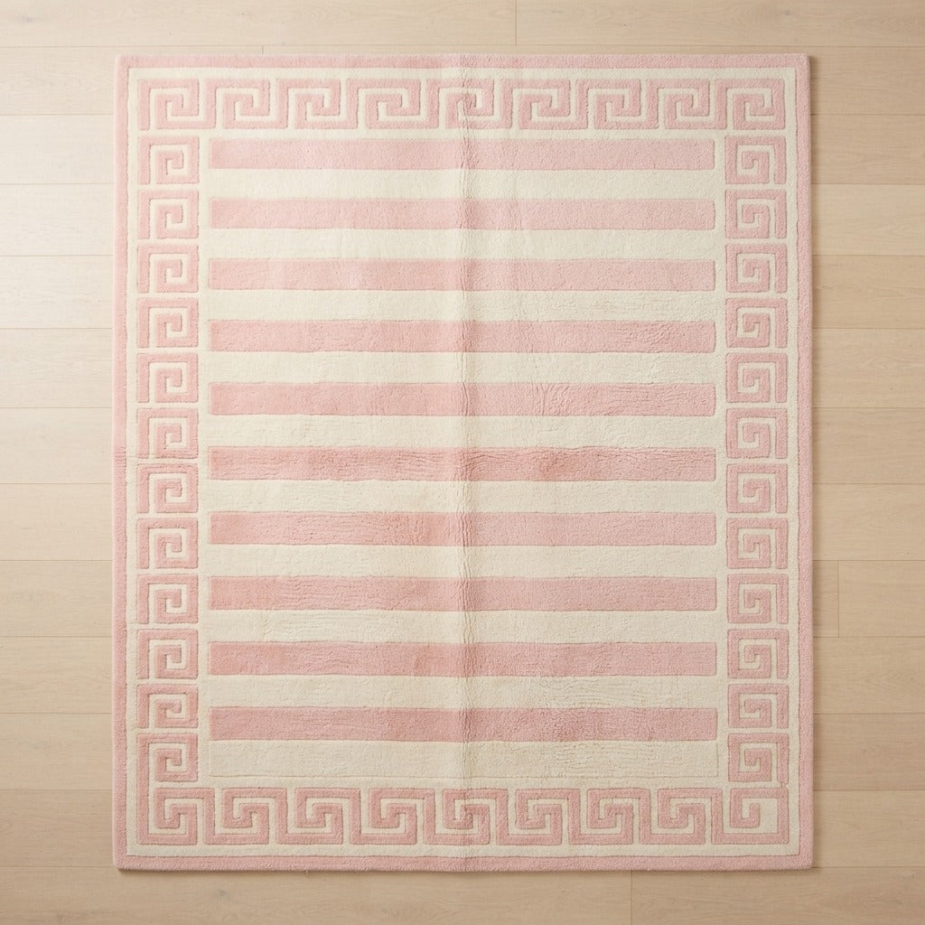 Ivory and Blush Striped Hand-Tufted Rug with Greek Key Border - studio photo