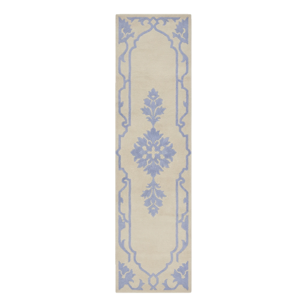 Ivory and Periwinkle Floral Medallion Hand-Tufted Runner