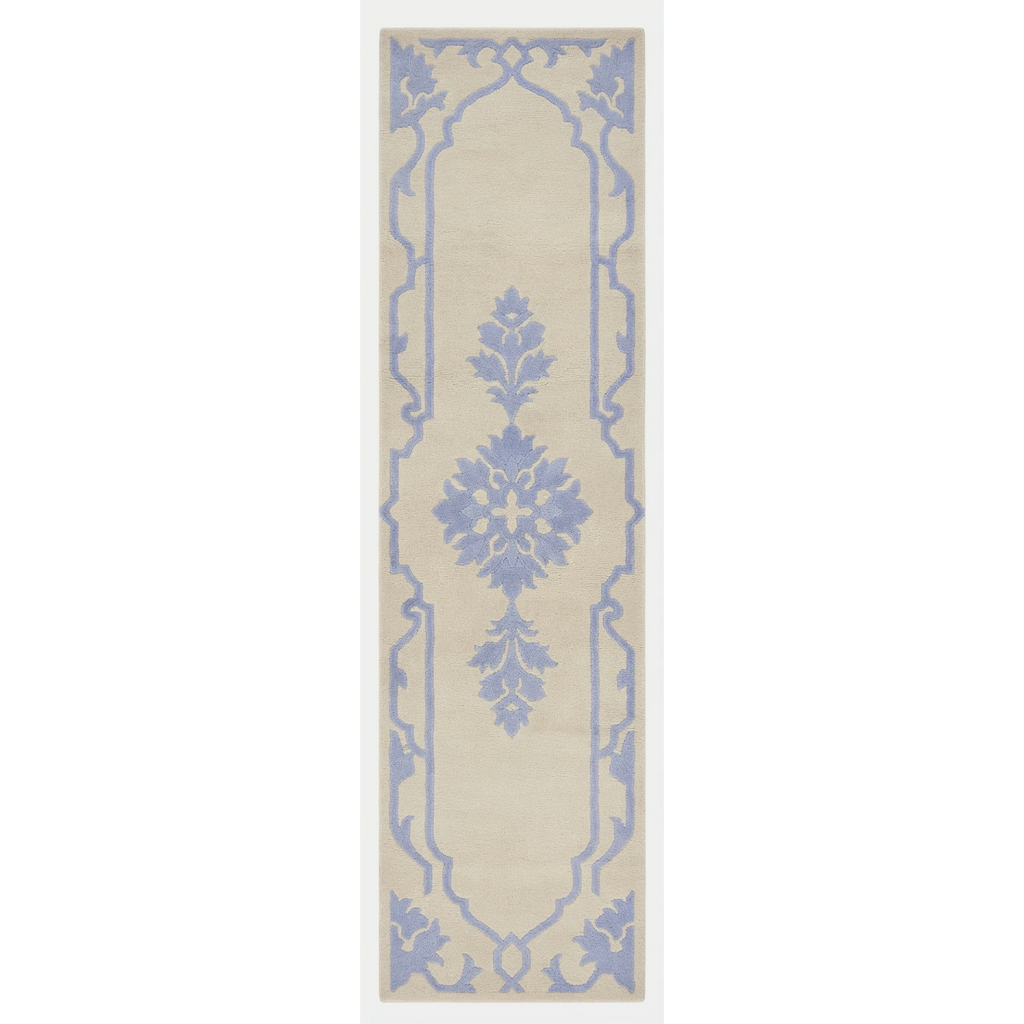 Ivory and Periwinkle Floral Medallion Hand-Tufted Runner - studio photo