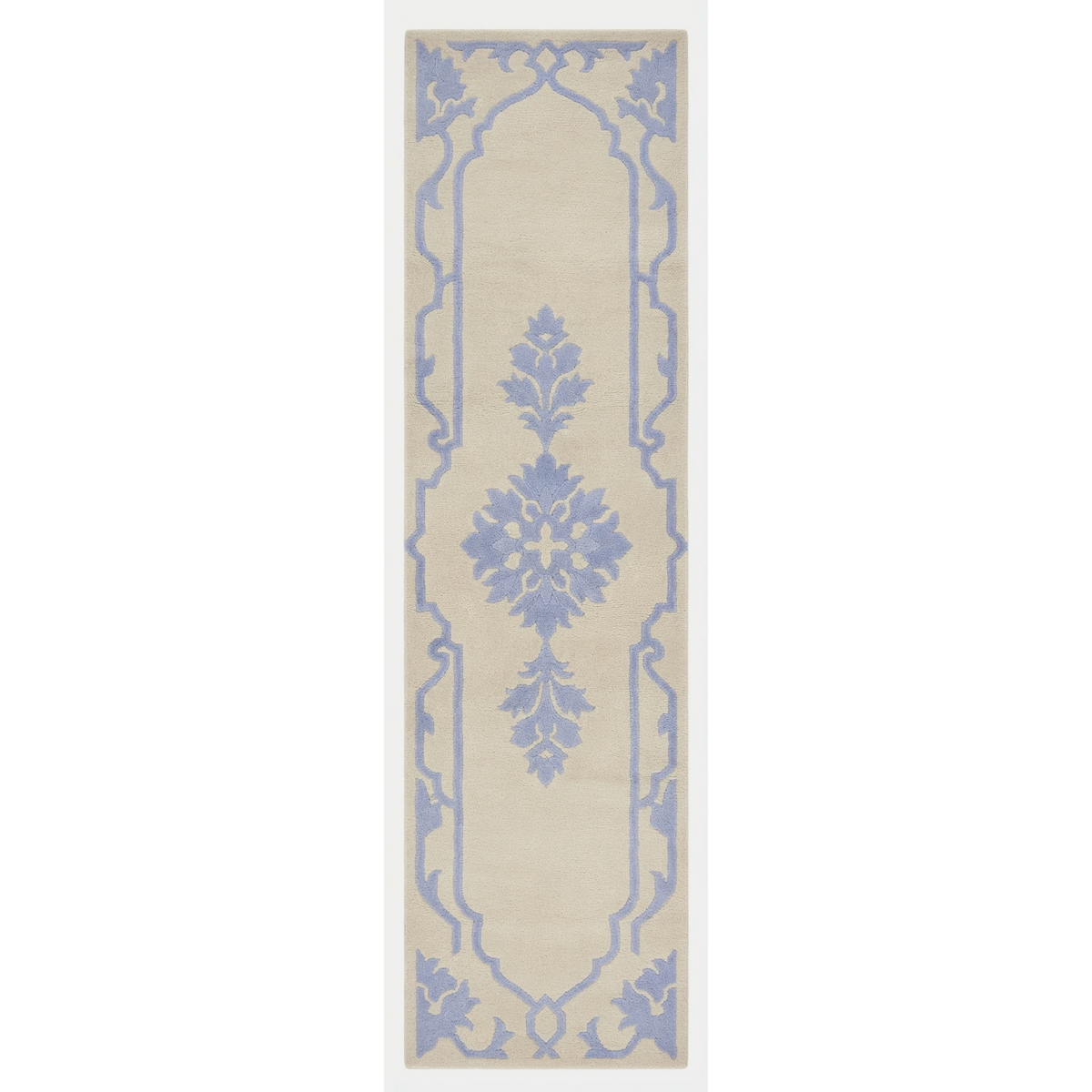 Ivory and Periwinkle Floral Medallion Hand-Tufted Runner - studio photo