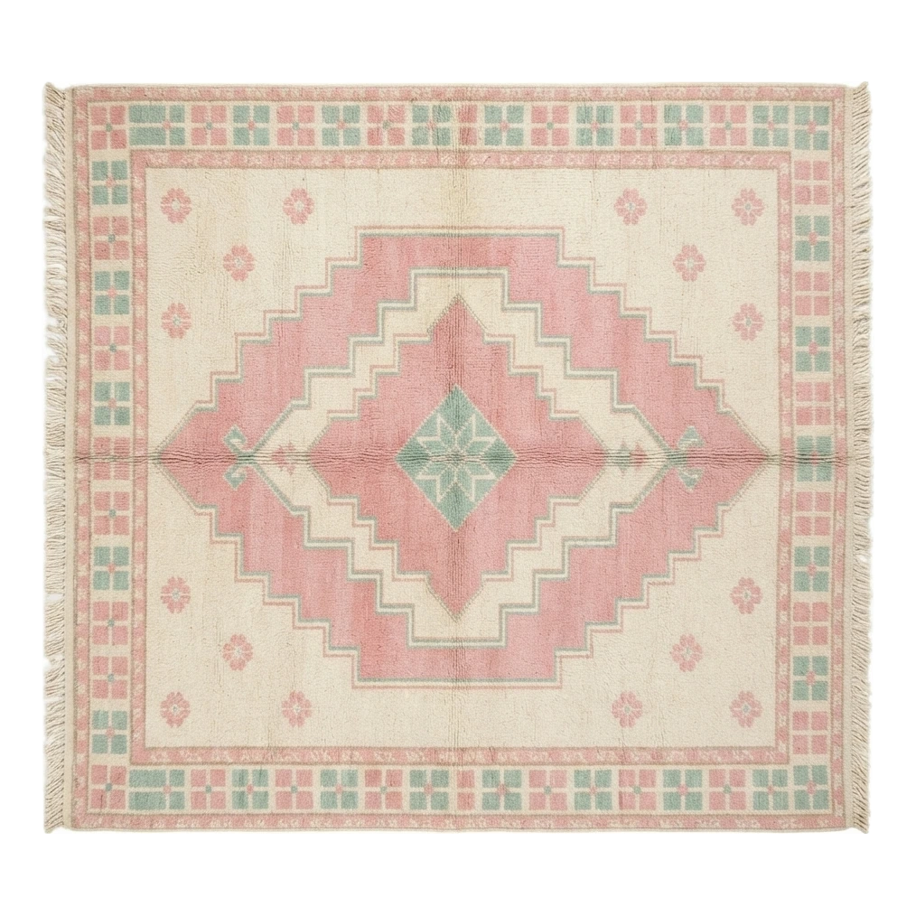 Ivory and Pink Diamond Medallion Hand-Knotted Rug with Mint Border - alternate view