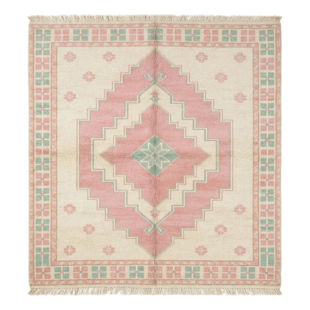 Ivory and Pink Diamond Medallion Hand-Knotted Rug with Mint Border