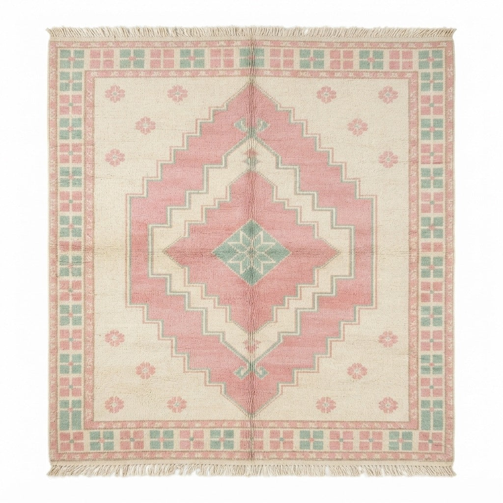 Ivory and Pink Diamond Medallion Hand-Knotted Rug with Mint Border - studio photo