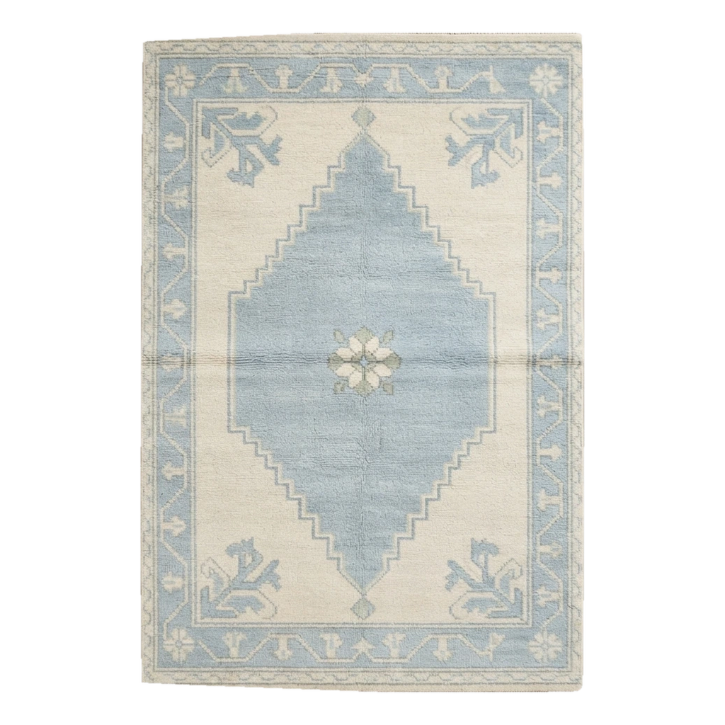 Ivory and Powder Blue Diamond Medallion Hand-Knotted Rug - alternate view