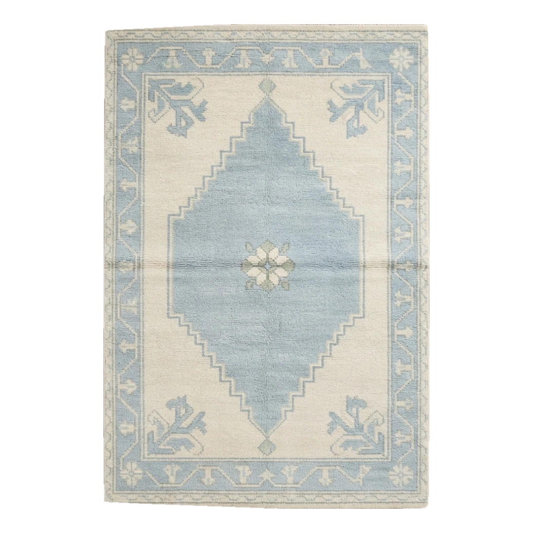 Ivory and Powder Blue Diamond Medallion Hand-Knotted Rug - alternate view