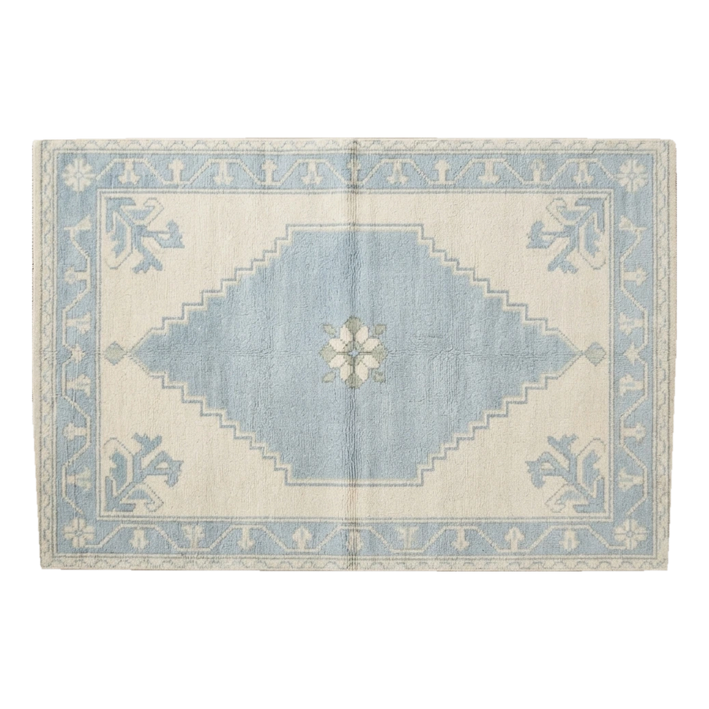 Ivory and Powder Blue Diamond Medallion Hand-Knotted Rug