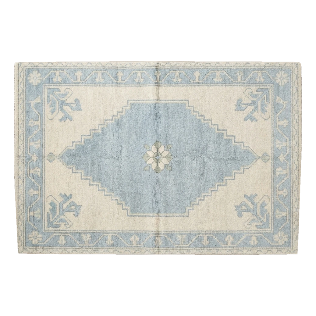 Ivory and Powder Blue Diamond Medallion Hand-Knotted Rug
