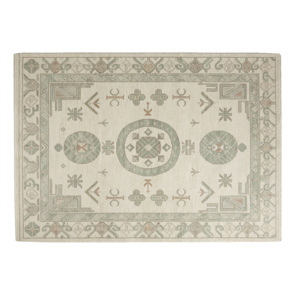 Ivory and Sage Chinese Medallion Hand-Knotted Rug with Geometric Border - alternate view