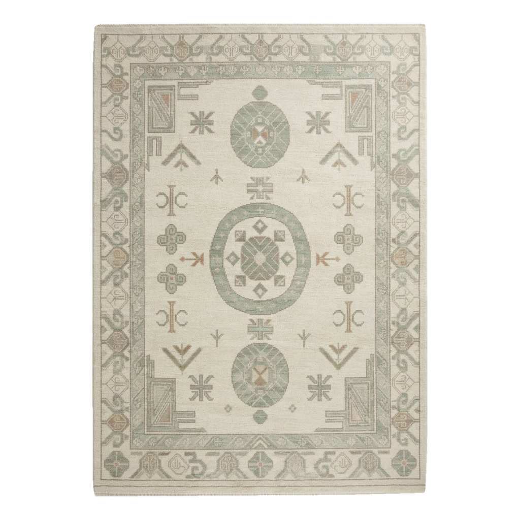 Ivory and Sage Chinese Medallion Hand-Knotted Rug with Geometric Border