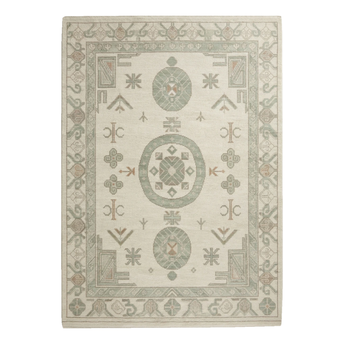 Ivory and Sage Chinese Medallion Hand-Knotted Rug with Geometric Border