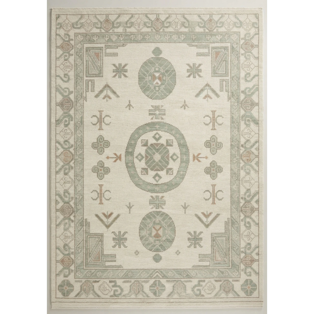 Ivory and Sage Chinese Medallion Hand-Knotted Rug with Geometric Border - studio photo