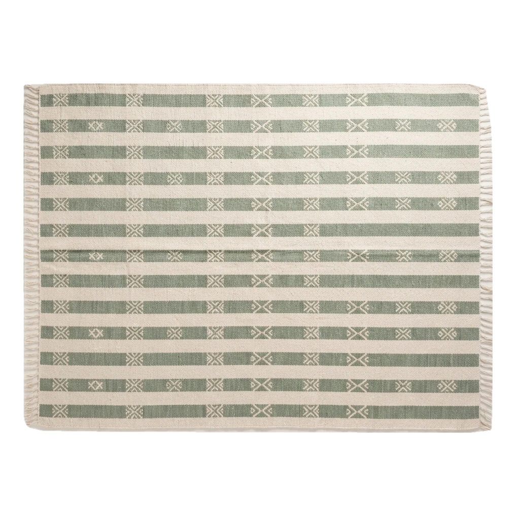 Ivory and Sage Green Striped Cotton Flat Weave Rug - alternate view