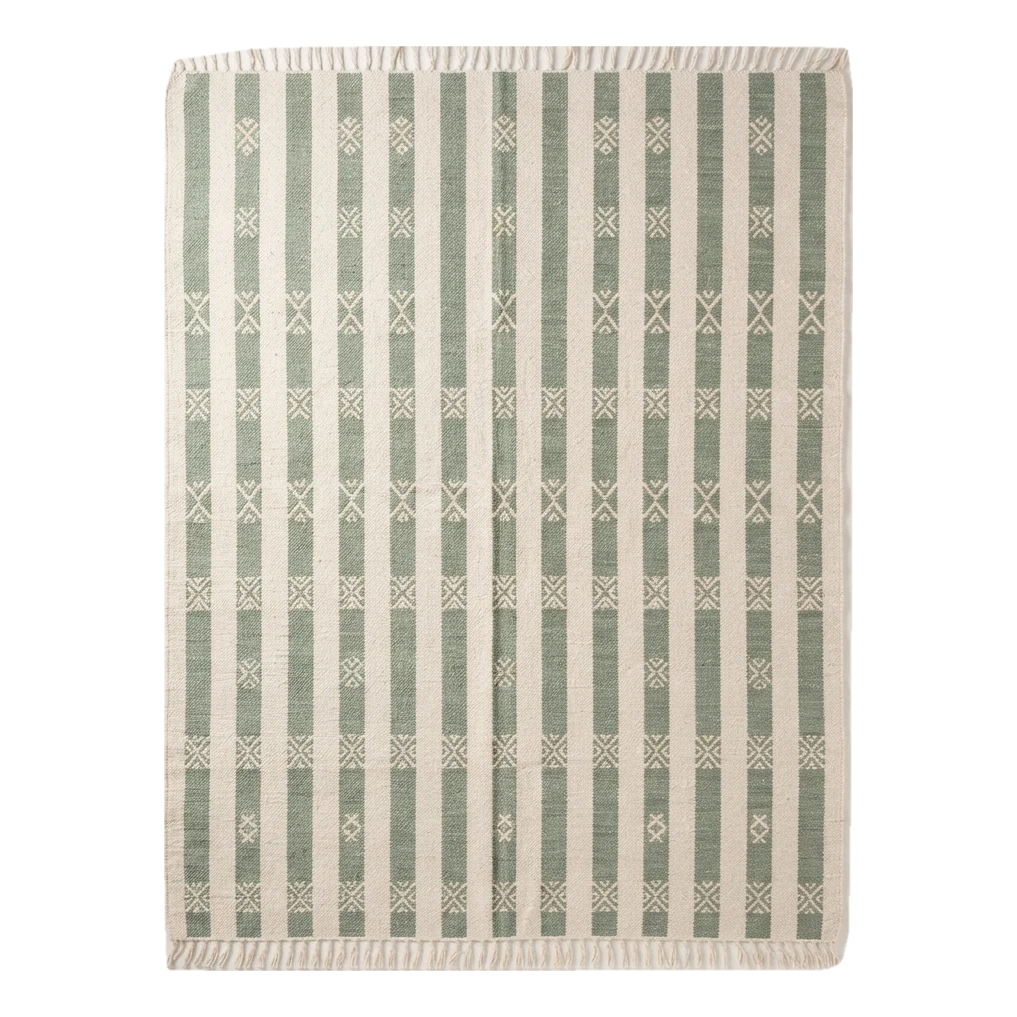 Ivory and Sage Green Striped Cotton Flat Weave Rug