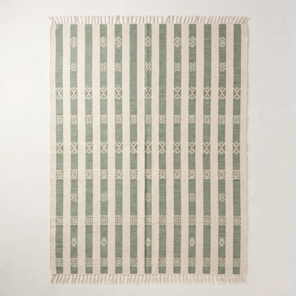 Ivory and Sage Green Striped Cotton Flat Weave Rug - studio photo