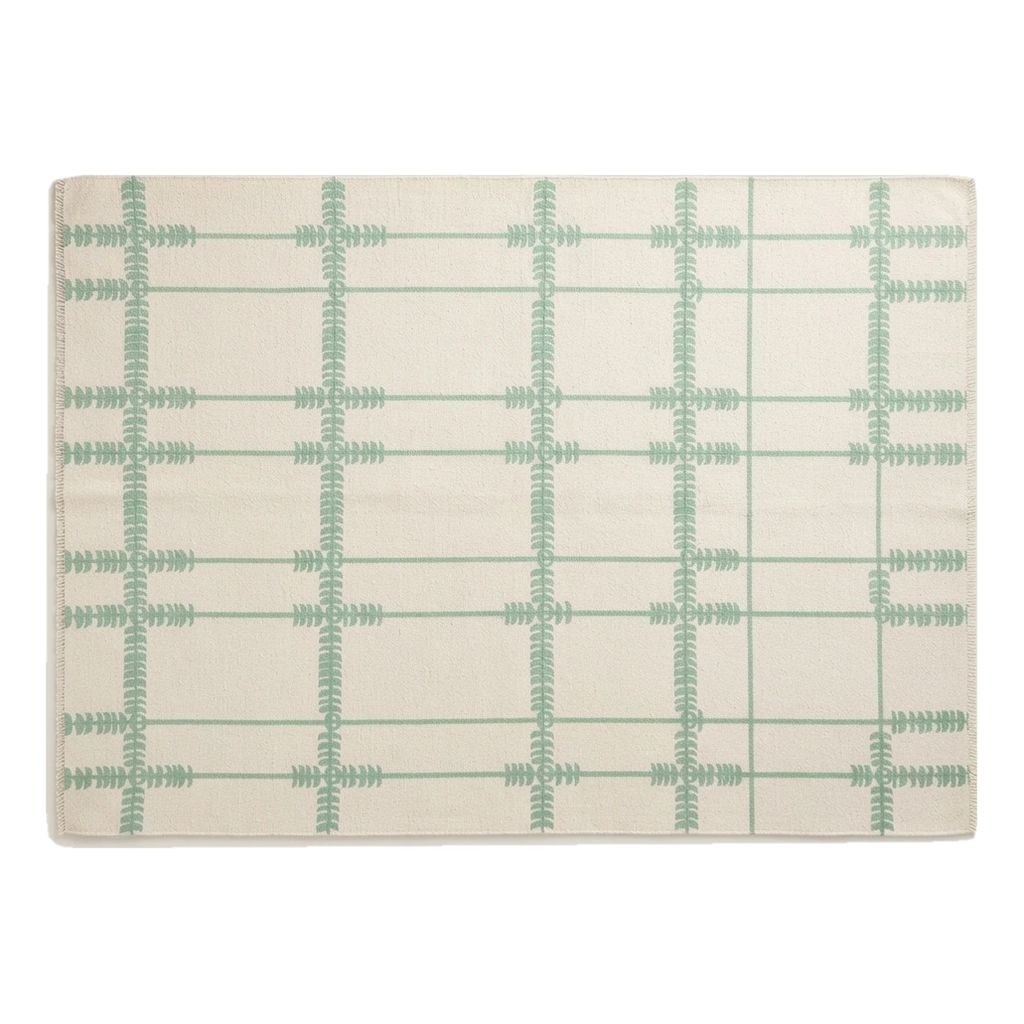 Ivory and Sage Grid Cotton Flat Weave Rug with Fern Motifs - alternate view