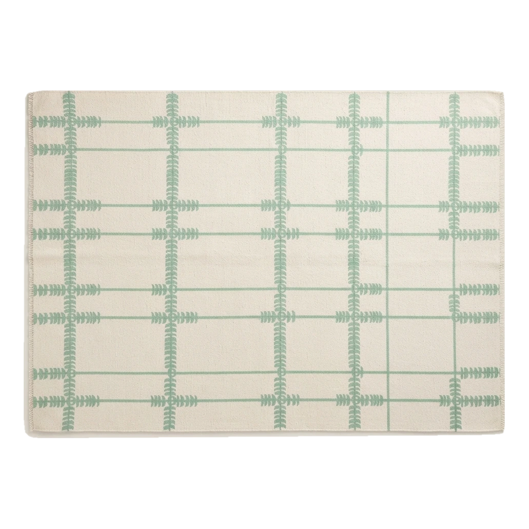 Ivory and Sage Grid Cotton Flat Weave Rug with Fern Motifs - alternate view