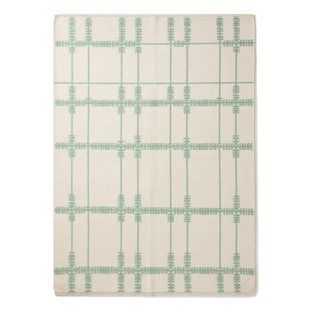 Ivory and Sage Grid Cotton Flat Weave Rug with Fern Motifs