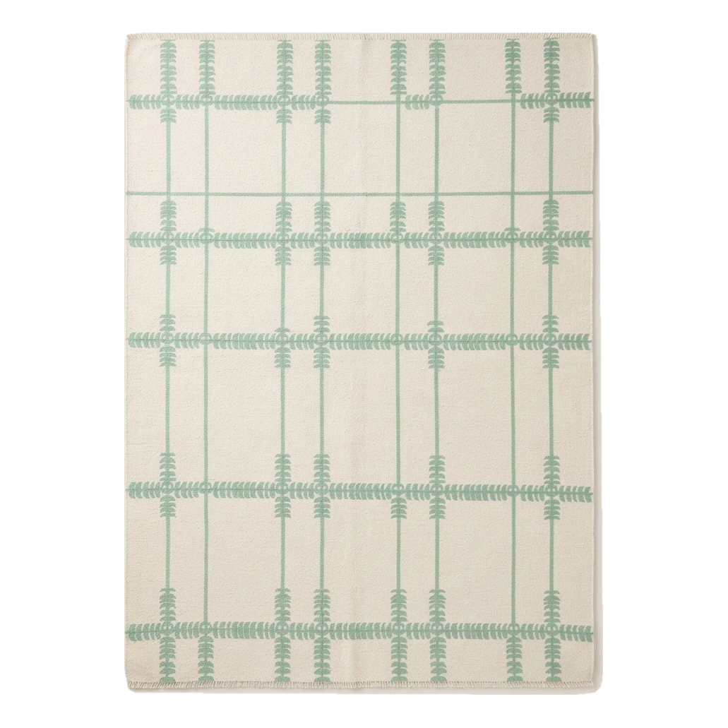 Ivory and Sage Grid Cotton Flat Weave Rug with Fern Motifs