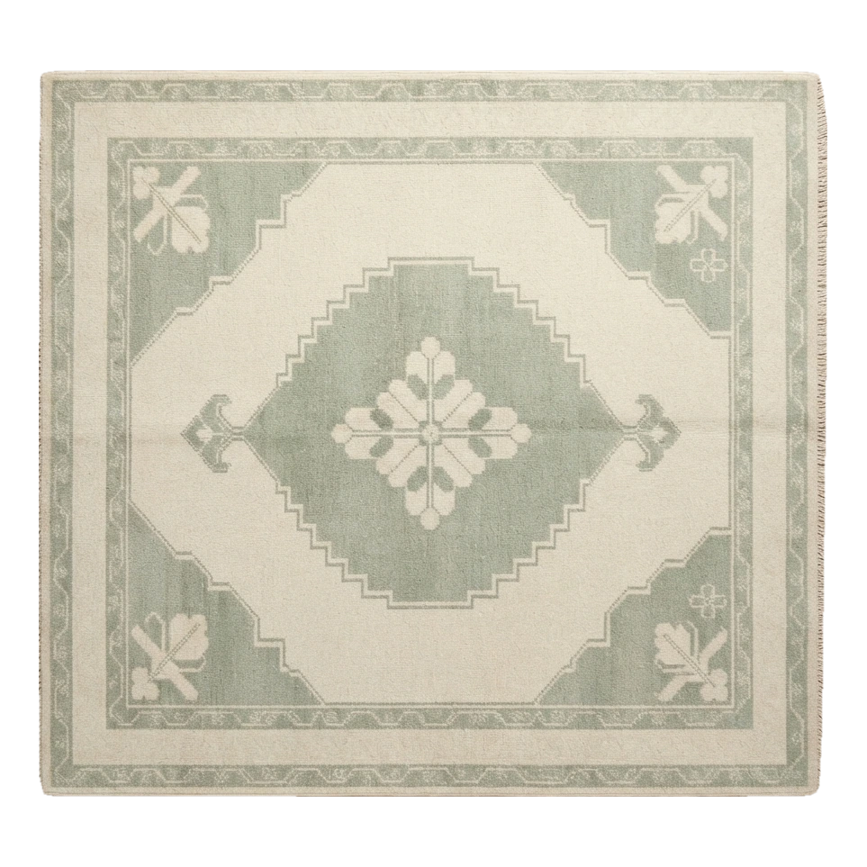 Ivory and Sage Stepped Medallion Square Hand-Knotted Rug - alternate view