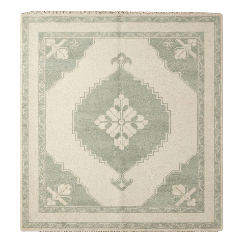 Ivory and Sage Stepped Medallion Square Hand-Knotted Rug