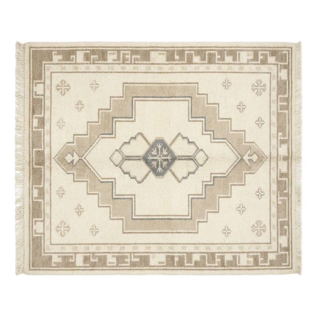Ivory and Taupe Tribal Medallion Hand-Knotted Rug - alternate view