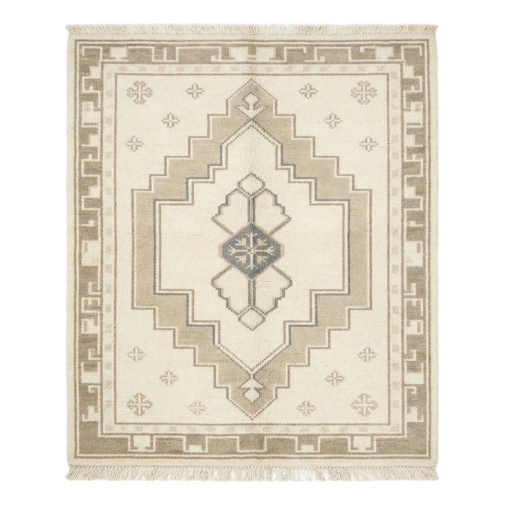 Ivory and Taupe Tribal Medallion Hand-Knotted Rug