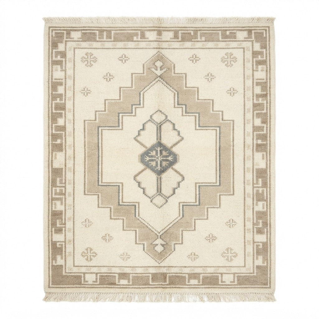 Ivory and Taupe Tribal Medallion Hand-Knotted Rug - studio photo
