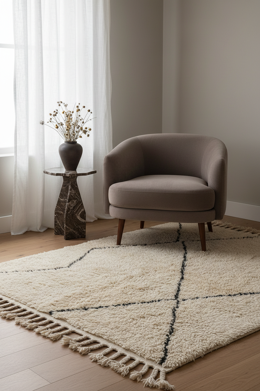 A beige armchair sits on a cream shag rug with black geometric lines and fringe, in a softly lit room with a side table, vase of dried stems, and sheer curtains.