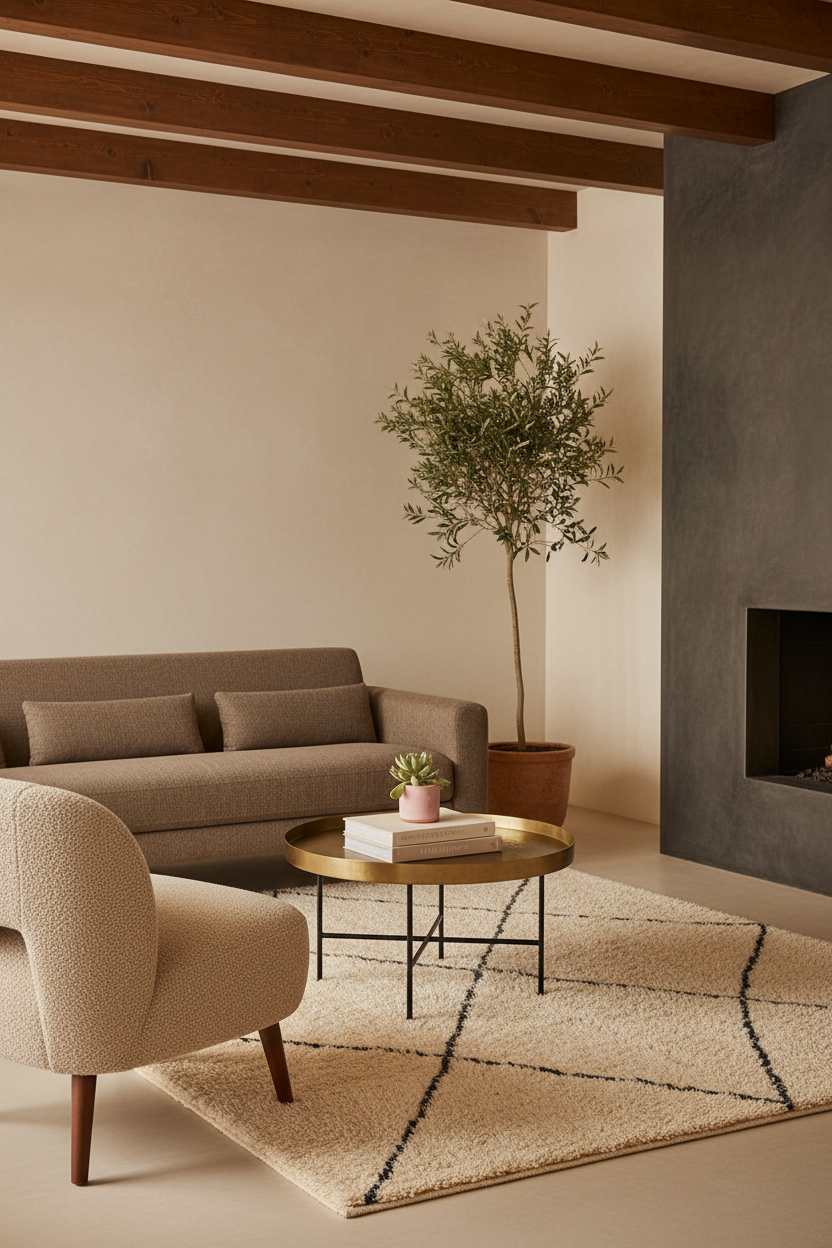 A styled living room interior featuring a taupe fabric sofa, a cream bouclé armchair, a round gold coffee table, a beige rug with black lines, a potted olive tree, and a dark gray fireplace wall.