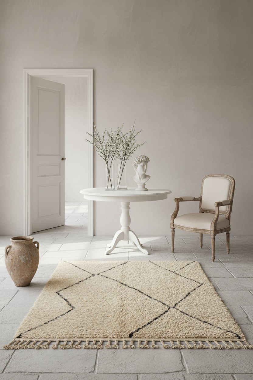 A styled interior scene showing a beige woven area rug with black geometric lines and fringe, placed on a stone floor in a neutral room with a white pedestal table, chair, vase, and doorway.
