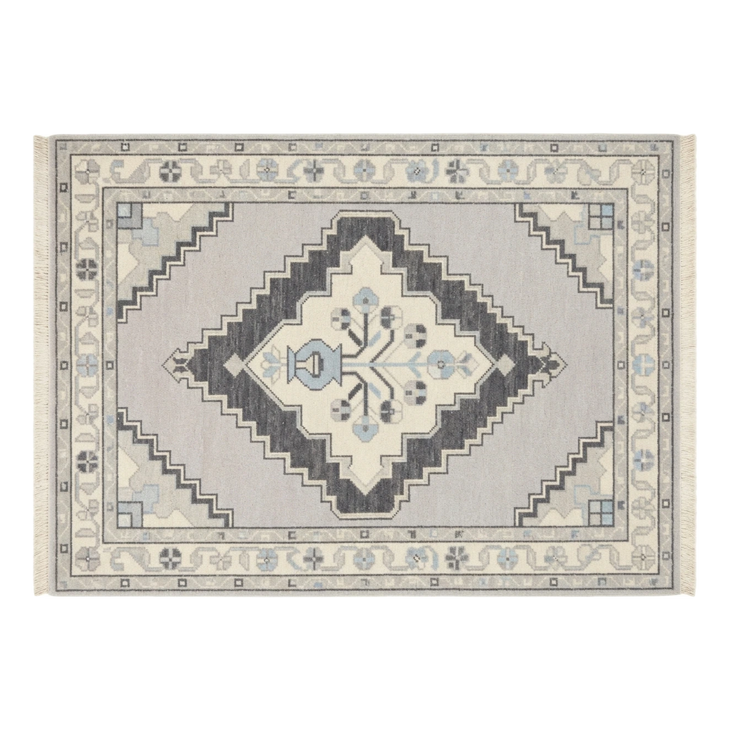 Lavender Grey Hand-Knotted Rug with Charcoal Diamond Medallion - alternate view