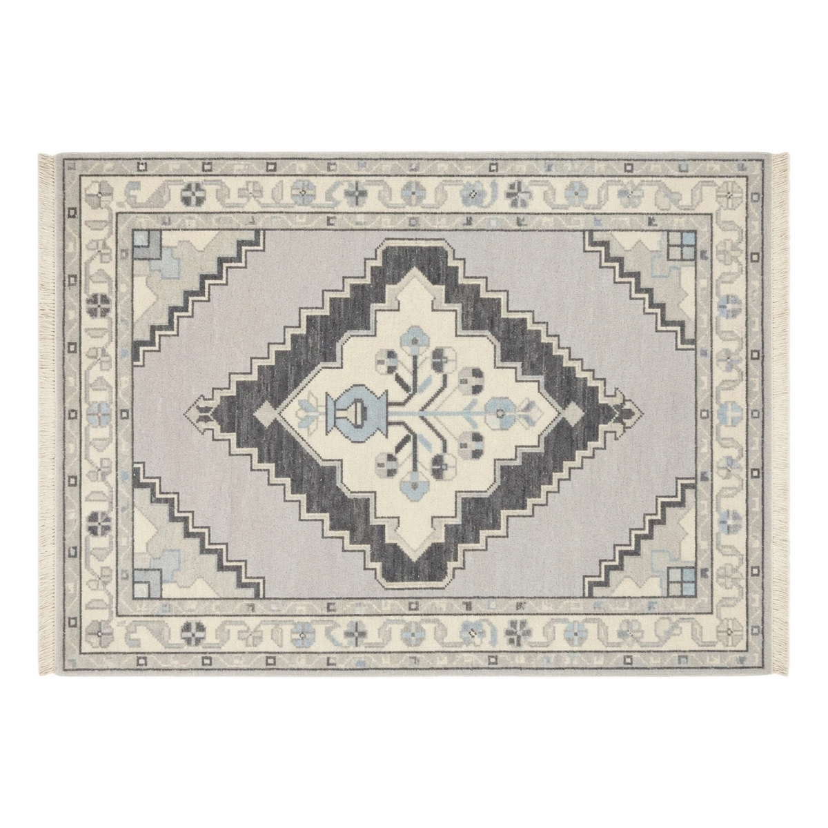 Lavender Grey Hand-Knotted Rug with Charcoal Diamond Medallion - alternate view