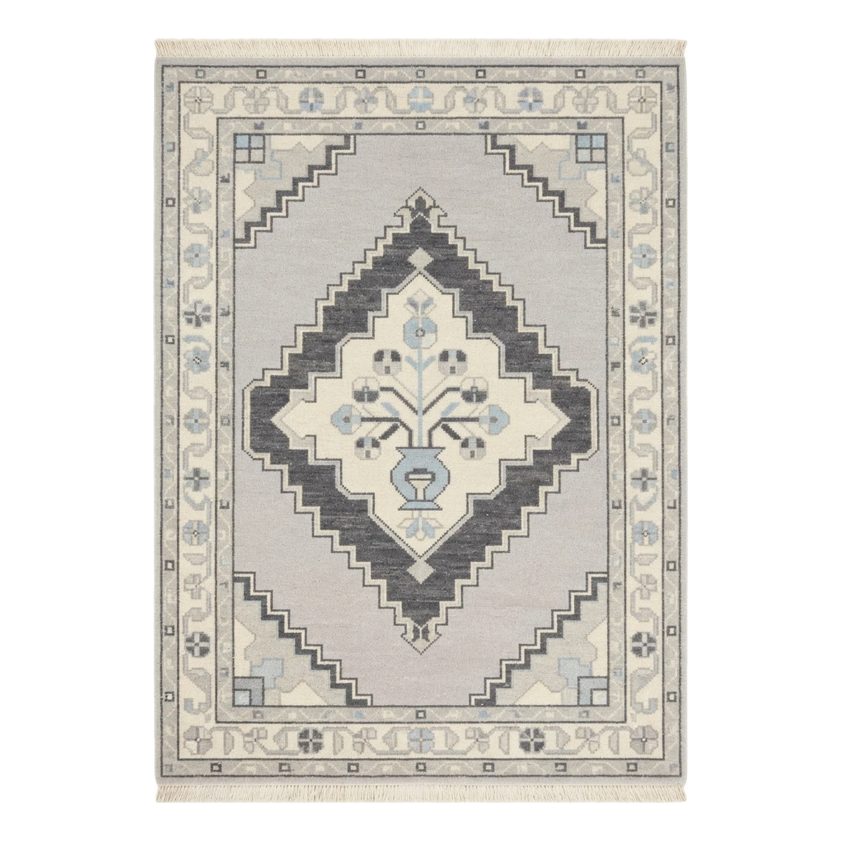Lavender Grey Hand-Knotted Rug with Charcoal Diamond Medallion