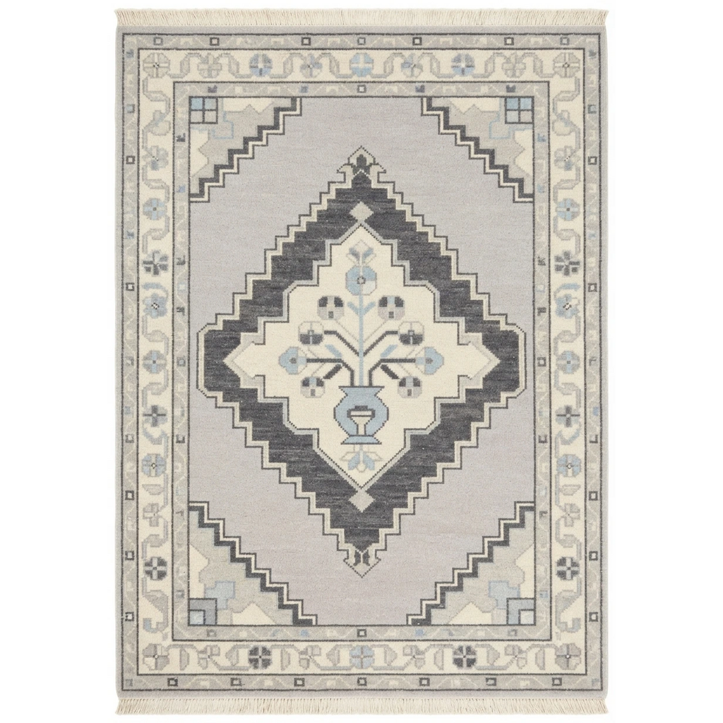 Lavender Grey Hand-Knotted Rug with Charcoal Diamond Medallion - studio photo